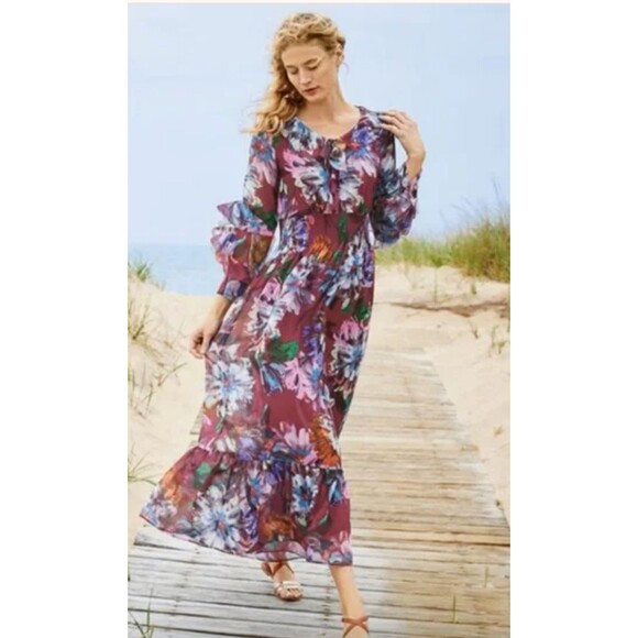 Soft Surroundings Fiore Rosa Maxi Dress Sz 1X Plus Floral Merlot Feminine Flowy - Picture 1 of 6
